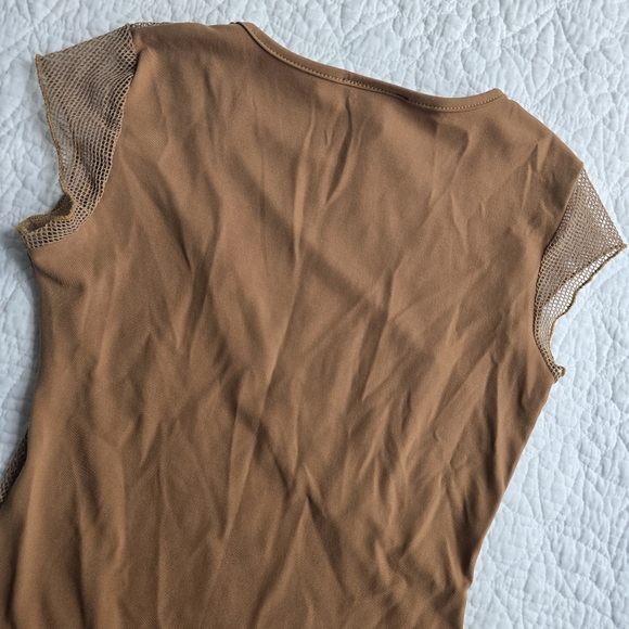 Vintage Costa Blanca Honey Brown Mustard Mesh Fishnet Panel Cap Sleeve Top - Picture 8 of 11